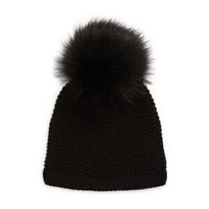 Kyi Kyi Womens Wool Blend Faux Fur Pom-Pom Icon Beanie Hat Black One Size NWT